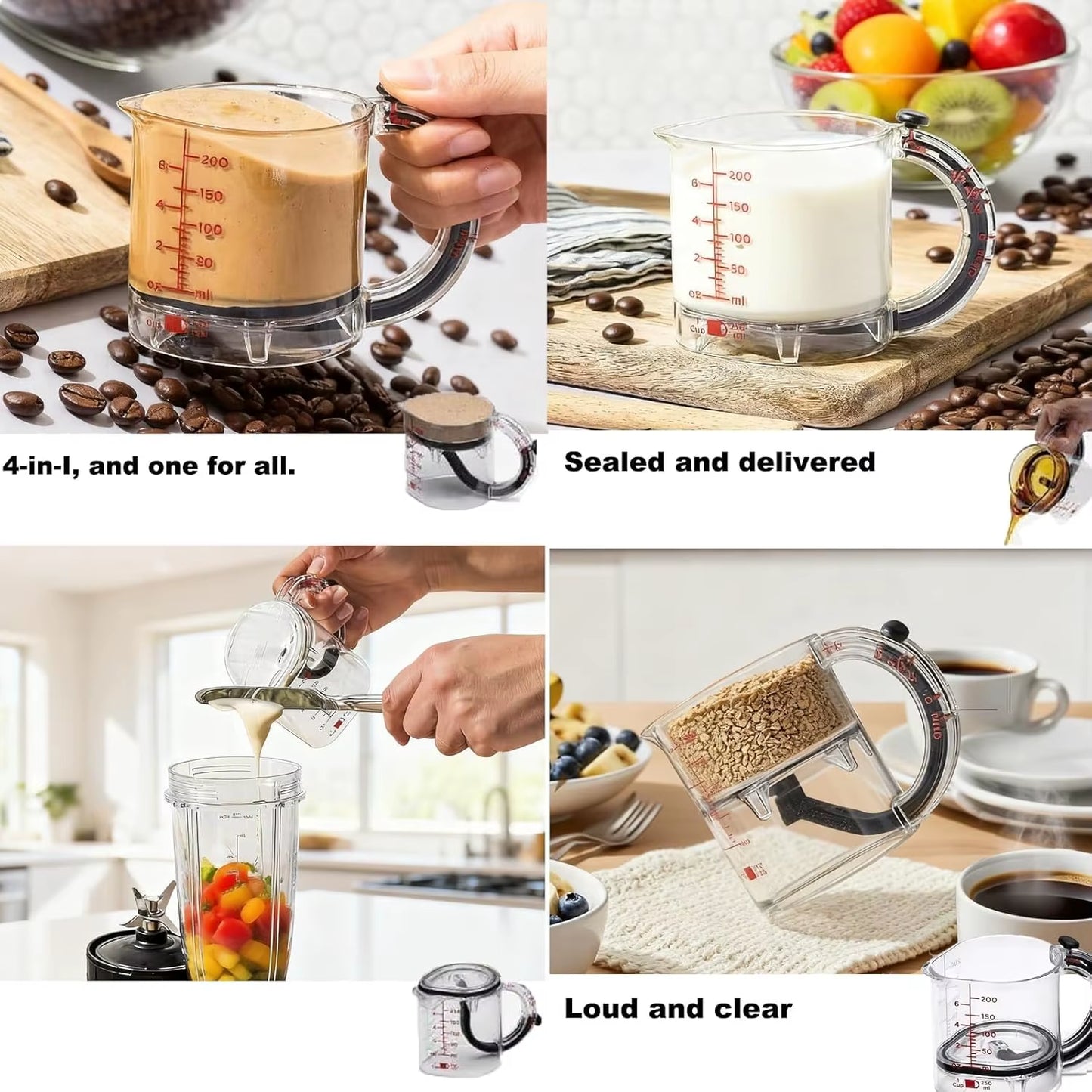 4-IN-1 Measuring Cup Adjustable Multifunctional Measuring Cup with Scraper-Style Seal Base Kitchen Cube Cups Tools for Cooking